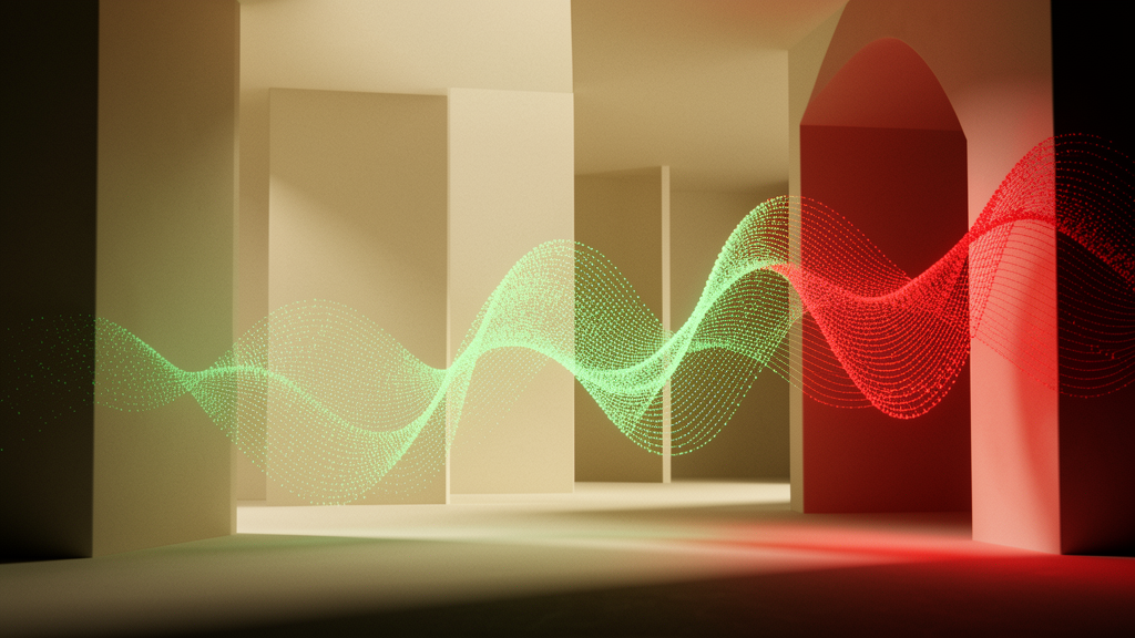 Abstract green-to-red soundwave moving through a warm architectural space